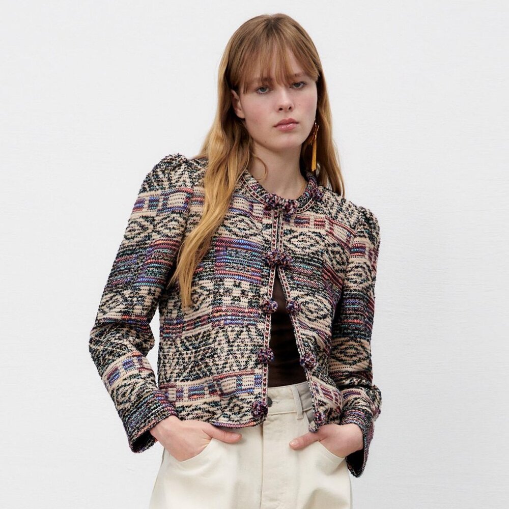 NEW Zara Jacquard Cotton-Wool Blend Jacket with Faux Pom-Pom Buttons, Size XS
